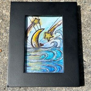 Original Starry Night on a Beach Miniature Art in a Black Frame
